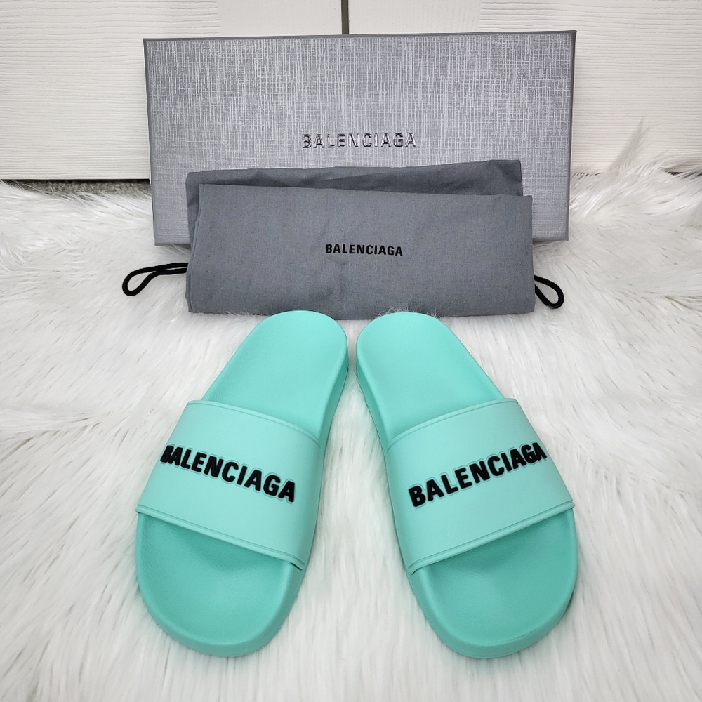 NIB BALENCIAGA Mint and Black Pool Slide Sandal Slippers Size 37 - Picture 2 of 8